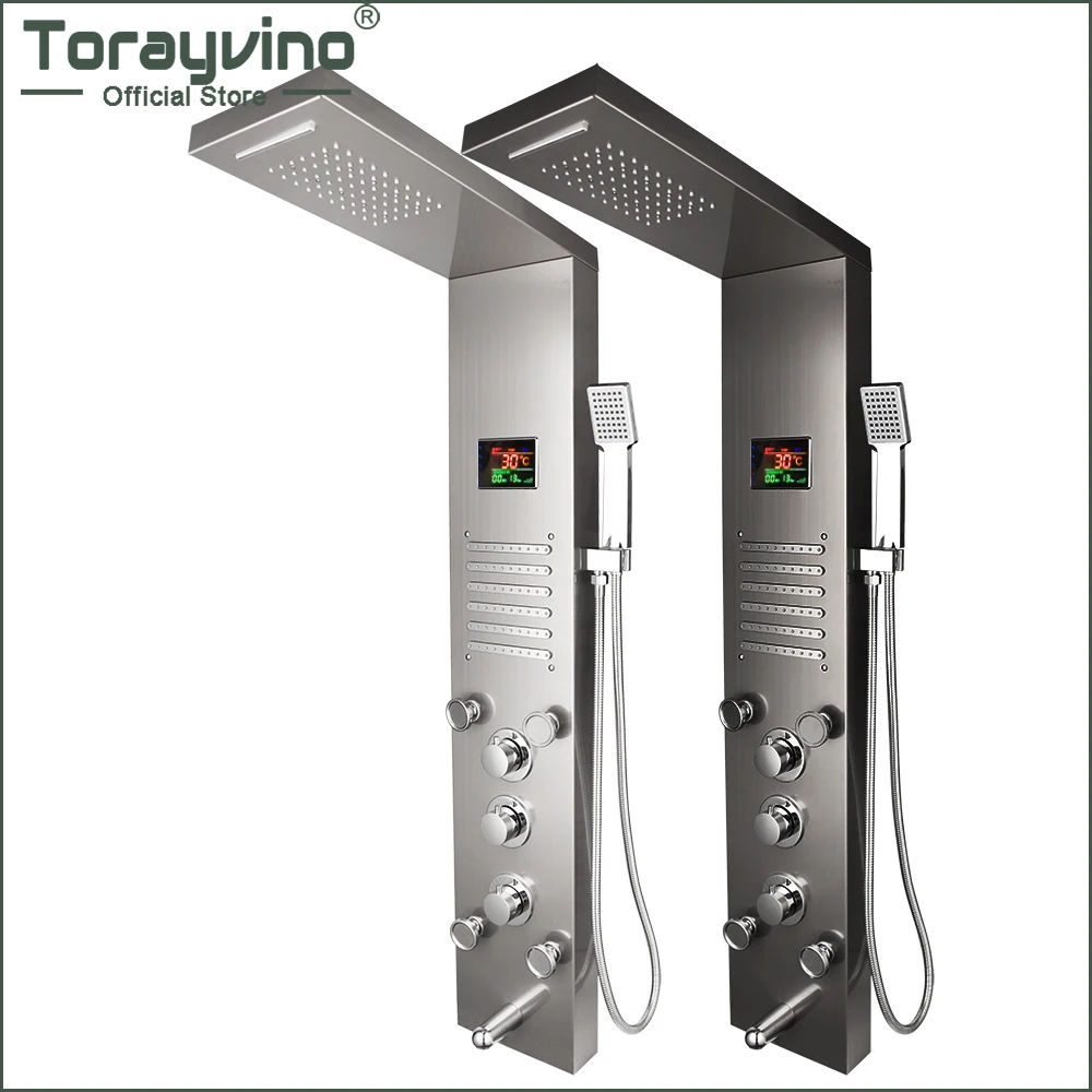 

Torayvino LED Bathroom Shower Faucet Temperature Digital Display Shower System Panel Body Massage Jets Towel Showers Column Tap