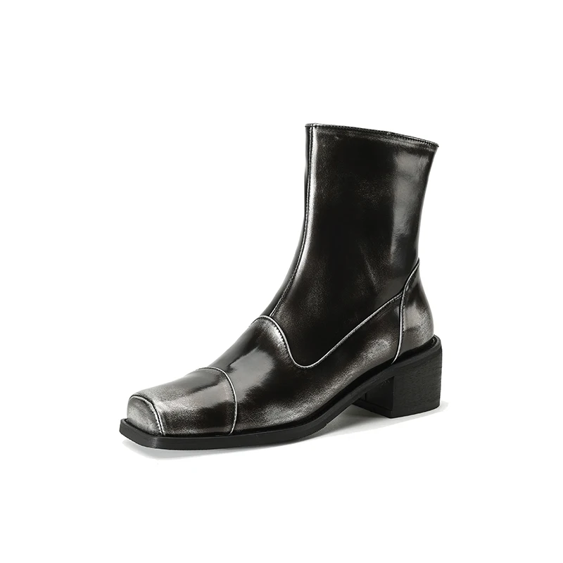 Botas de couro genuíno estilo retrô para mulheres, zíper lateral, dedo do pé quadrado, salto grosso, senhora do escritório, novo, outono, inverno, 2022