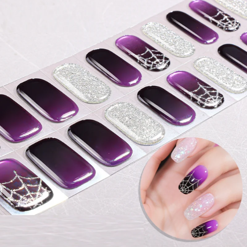 

20 Tips Halloween Semi Cured Gel Nail Wraps DIY UV Light Manicure Slider Nail Art Decals Decorations Press On Nails Nail Tips