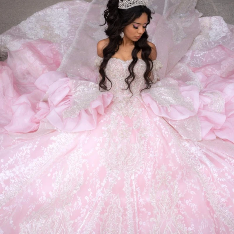 

Customized Shiny Light Pink Quinceanera Dresses Off the Shoulder crystal sequin applique Long tail Bow Vestido 15 Quinceanera