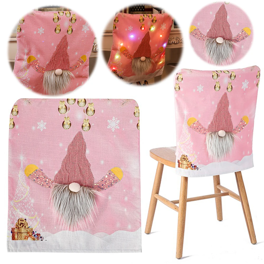 Christmas Pink Dwarf Chair Covers with LED Lights Gnome Chair Back Covers Rudolph Chair Slipcovers for Restaurant Hotel