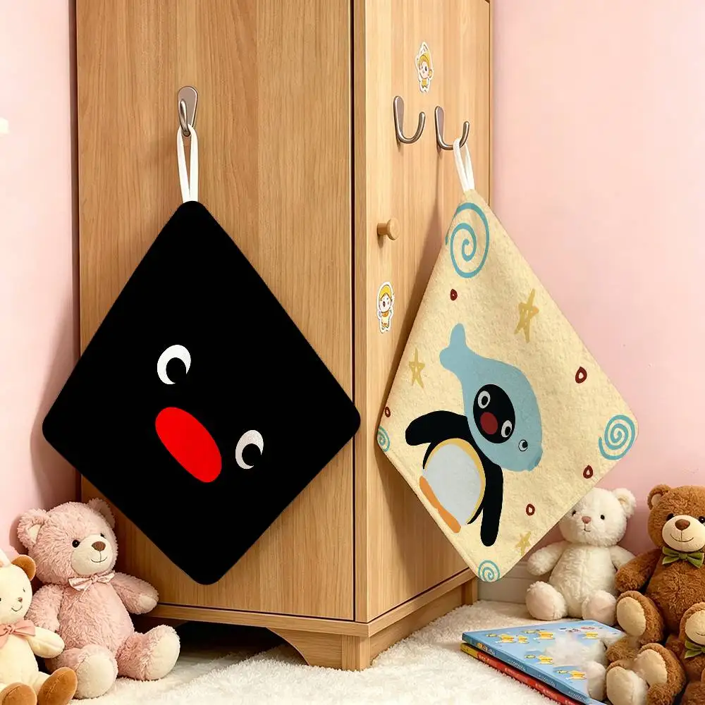 Children Animation P-Pingu  Hanging Style Hand Wiping Towel Polyester Cotton Anti-fade For Indoor Kitchen Living Room