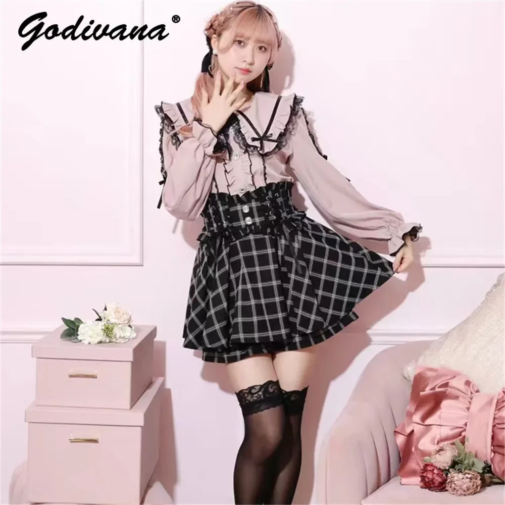 Japanese Style New Female Sweet Lace Lapel Long-sleeved Top Shirt Spring and Autumn Women's Lolita Blouse Inner Tops