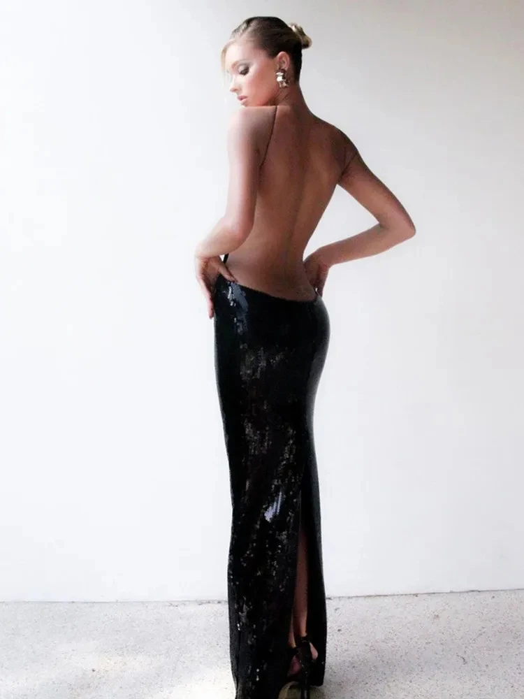 Women's Sexy Backless Halter Black Mesh Sequins Maxi Long Gowns Dress 2024 Celebrity Elegant Evening Party Club Dresses