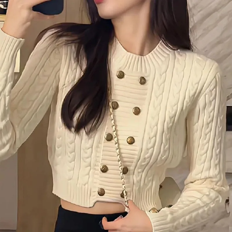 Simple Soft Twist Women's 2024 Autumn Short Slim-fit Korean Style Double-breasted Buttons Knitted Chic Sweater Pullover Top