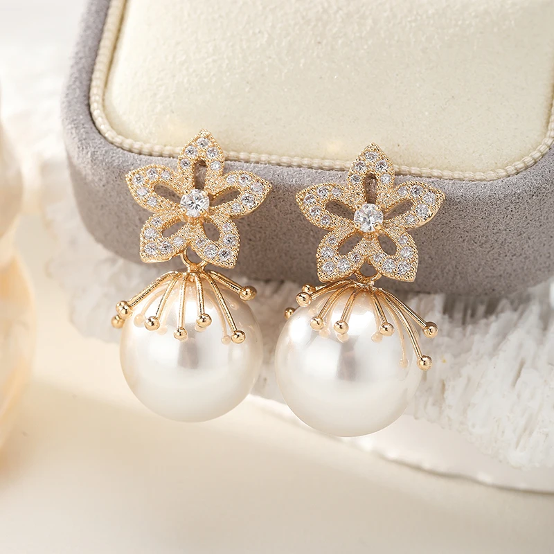 SENYU Elegant Zircon Flower Drop Earrings Fashion 15mm Ball Pearl Women Earrings for Party Jewelry Gift Wedding Brides Earrings