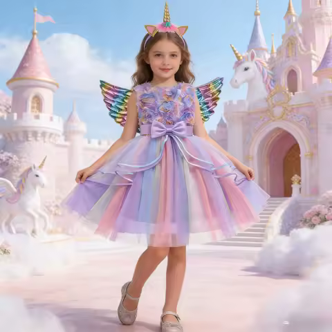 Children Unicorn Princess Dress For Girls Birthday Evening Party Flower Girls Wedding Dress Up Kids Carnival Costume Vestidos