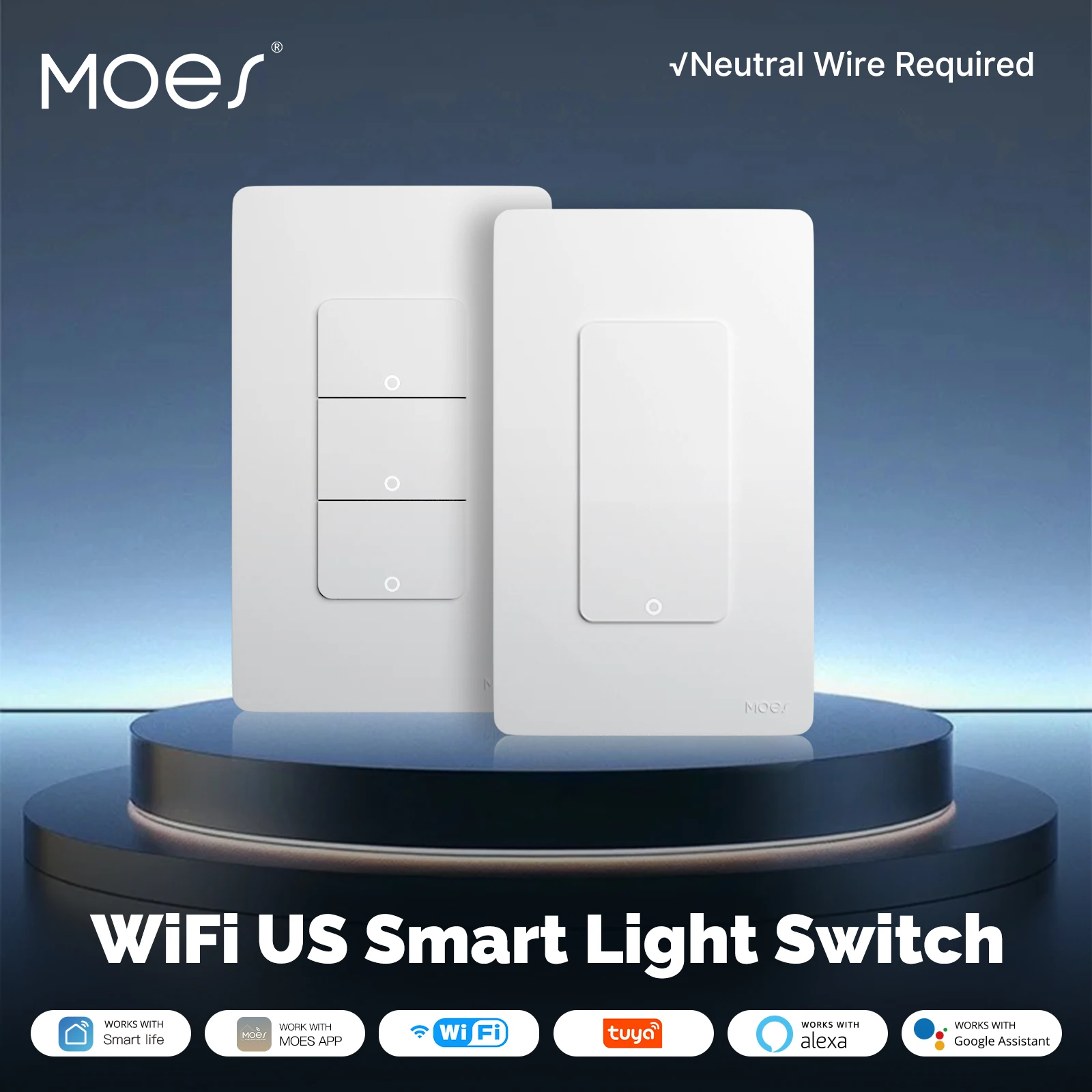 MOES Tuya Wi-Fi Smart Light Switch US Single Pole Push Button Wall Switch Work With Alexa Google Home Neutral Wire Required