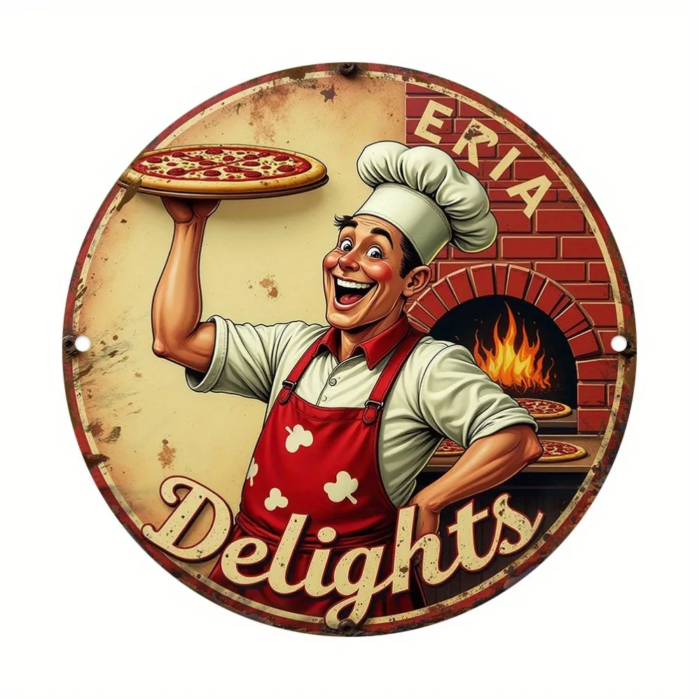 لافتة قصدير معدنية كلاسيكية مبتكرة ثنائية الأبعاد "Happy Chef Holding Delicious Pizza" - فن القصدير لديكور المنزل، فن جداري ممتع | مناسبة للمنزل #3