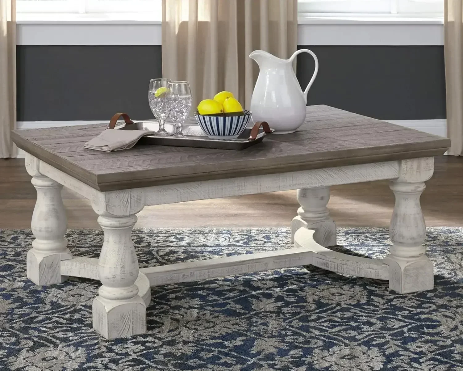 XMSJ.Havalance Farmhouse Table basse rectangulaire, gris et blanc avec finition patinée