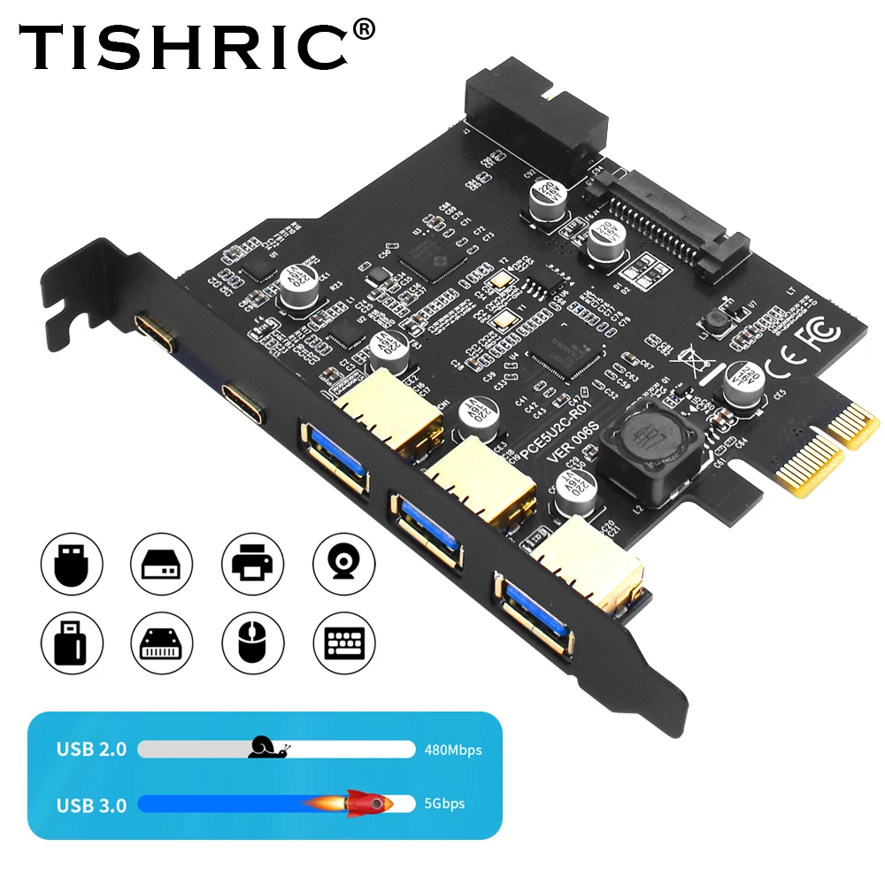 TISHRIC PCIE 1X To 2 Type-C 3 USB 3.0 Expansion Card PCIE3.0 USB Adapter Card Sata 15Pin 19Pin Power Socket Connector Dual Power