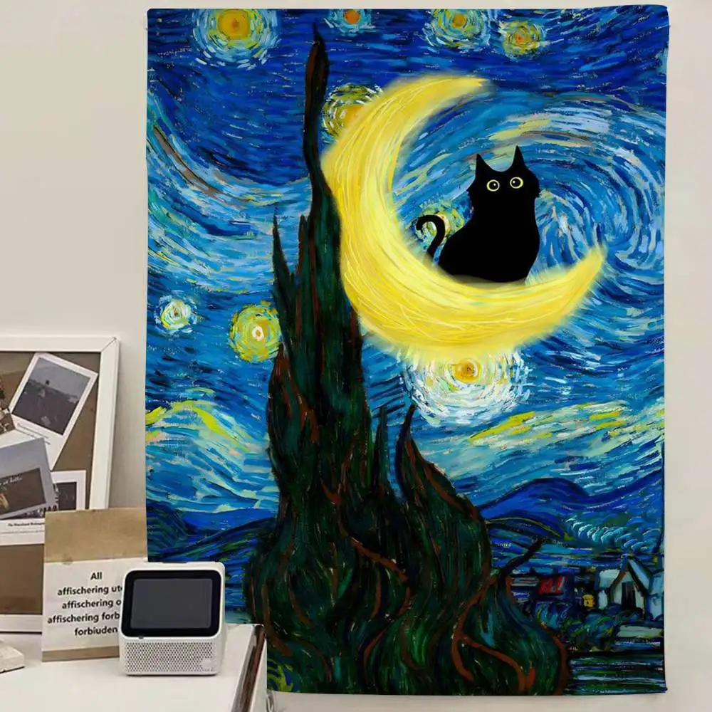 Monet Black Cat Van Gogh Sunflowers Hanging Bohemian Tapestry Bohemian Wall Tapestries Mandala Cheap Hippie Wall Hanging