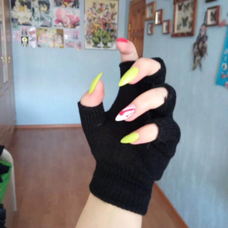 1 paio di guanti da polso in maglia senza dita corti neri con mezze dita, guanti da lavoro elasticizzati caldi invernali per donne e uomini, accessori da ciclismo