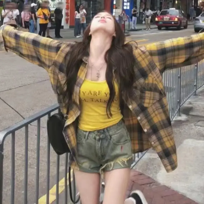 

Blue Checkered Shirt Jacket Female Loose and Casual Medium Long Style College Style Retro Design Fashion Long Sleeve Top