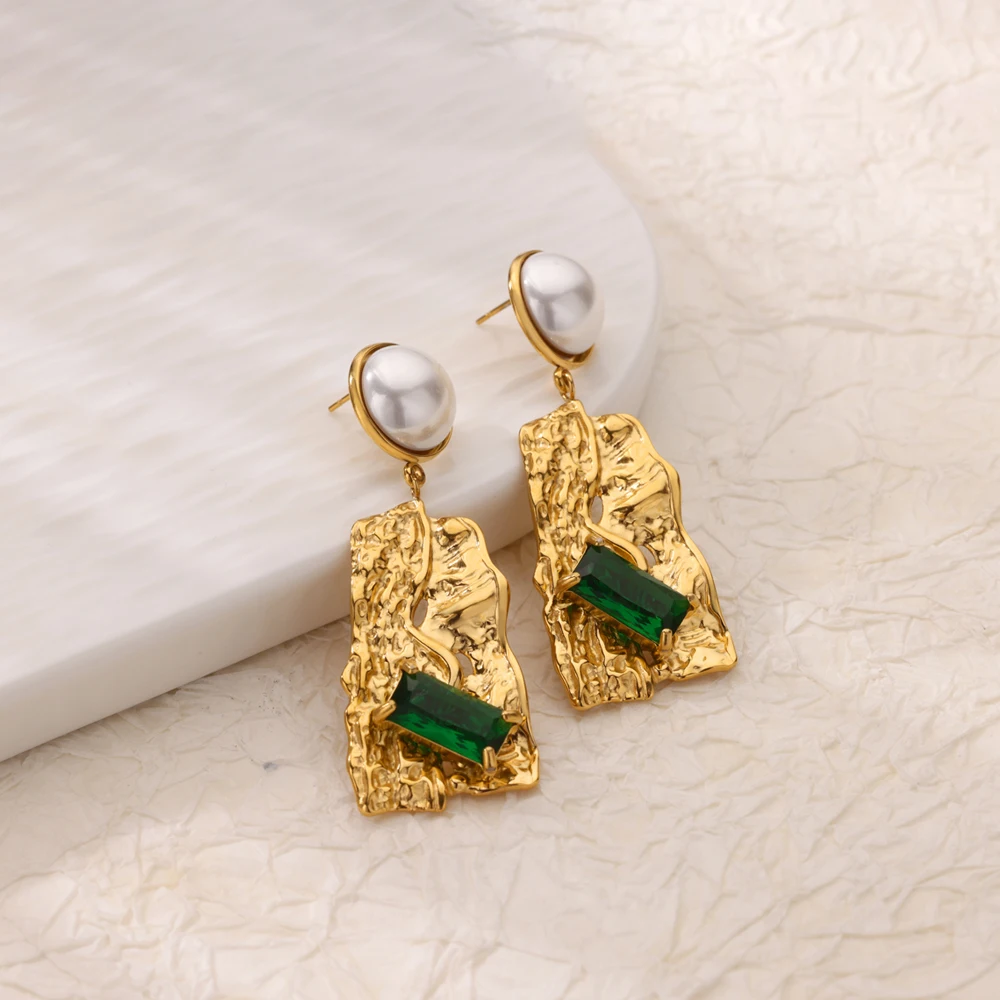 

Elegant Geometric Green Zirconia Imitation Pearl Earrings for Women Stainless Steel Gold Color Earrings New Fashion Jewelry Gift
