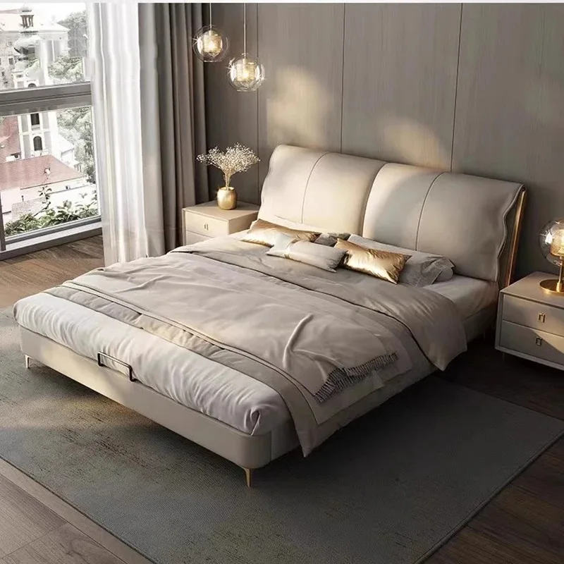 Kawaii Soft Frame Double Bed High End Wood White Safe Luxury Queen Beds Modern Upholstered Leather Lozko Sypialniane Furniture