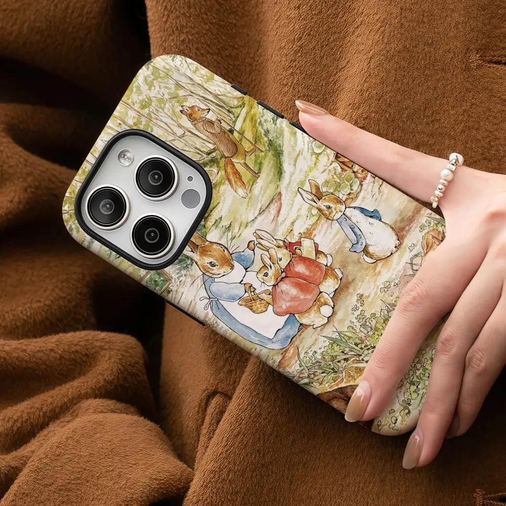 Cartoon Peters Rabbit Phone Case For iPhone 16 15 14 13 12 11 Pro Max Plus Glossy HD Double-Layer Liquid Back Film Hard Shell