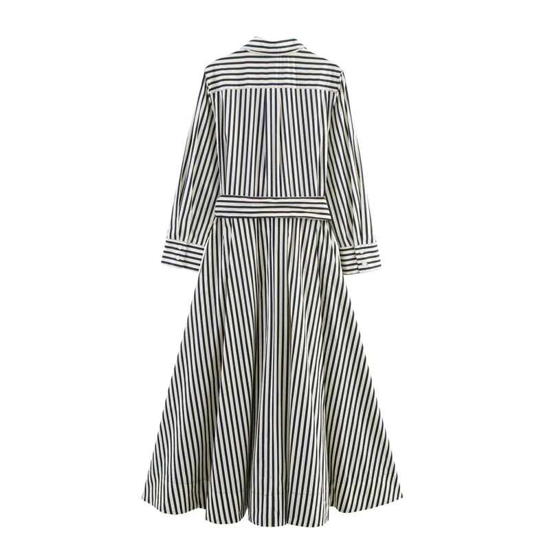 Women's Dress New Summer 2025 Striped Long Sleeve Shirt Style A-Hem Dress Long Skirt Belt Decoration Casual Fashion