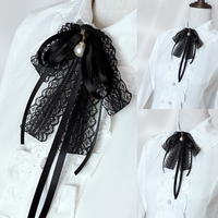 Women Black Lace Ribbon Bow Tie Pearl Pendant Brooch Pin Necklace Jabot Collar Wholesale