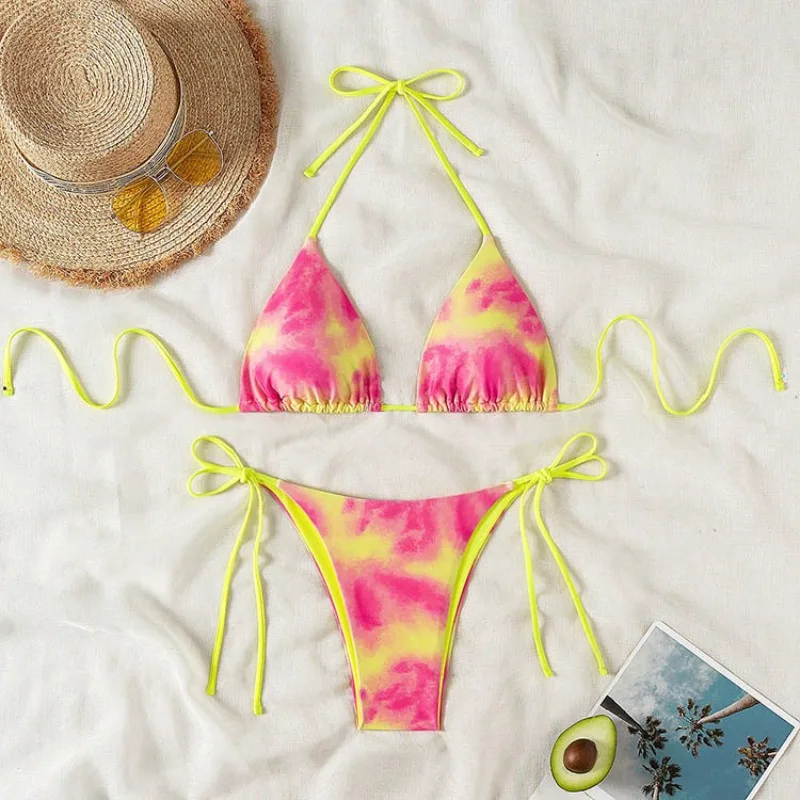 

2025 Summer New Lace Up Tie Dye Multi-color Swimsuit for Women Fashionable and Sexy Beach Bikini Hot Spring Swimsuit Set Bikini