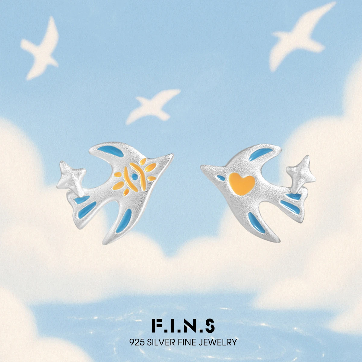 

F.I.N.S Original Flying Bird Doodle S925 Sterling Silver Earrings Asymmetric Cartoon Drip Glue Piercing Ear Studs Fine Jewelry