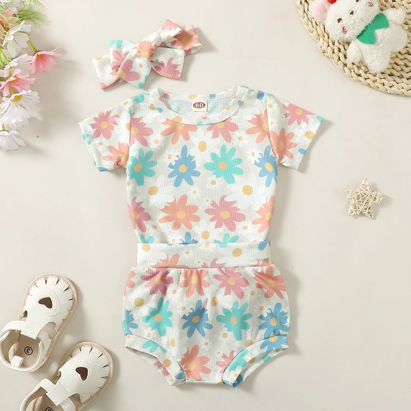 

Baby Girls Summer Shorts Sets Short Sleeve Floral Print Romper Shorts Headband Sets