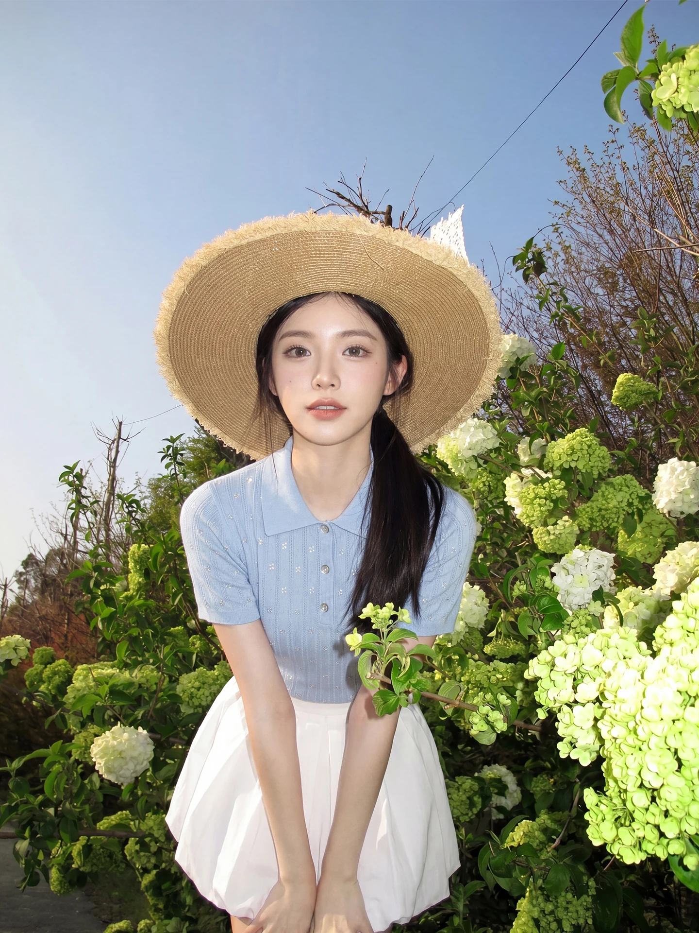 

Blue Collar Short Sleeve Knitted Casual Top for Women Simple Elegant Daily Wear Miu Style Small A-Line Shirt