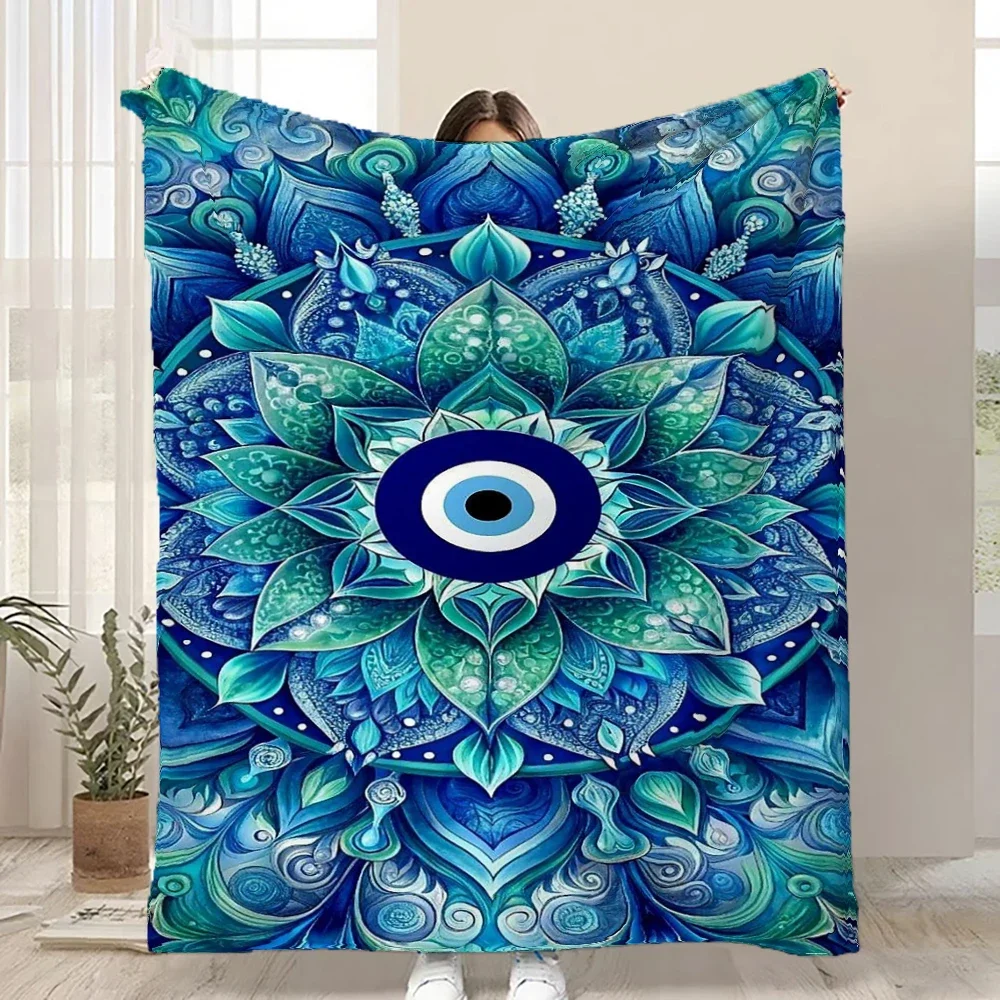 

Blue Evil Eye Mandala Flannel Blanket Bohemian Throw Blanket Soft Warm Cozy for Sofa Bed Home Decor All Season