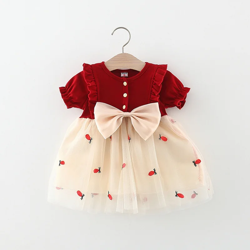 

Newborn Girl Clothes Red Short Sleeved Gauze Dress Baby Girl Korean Style Dress for 0-3 Years Old