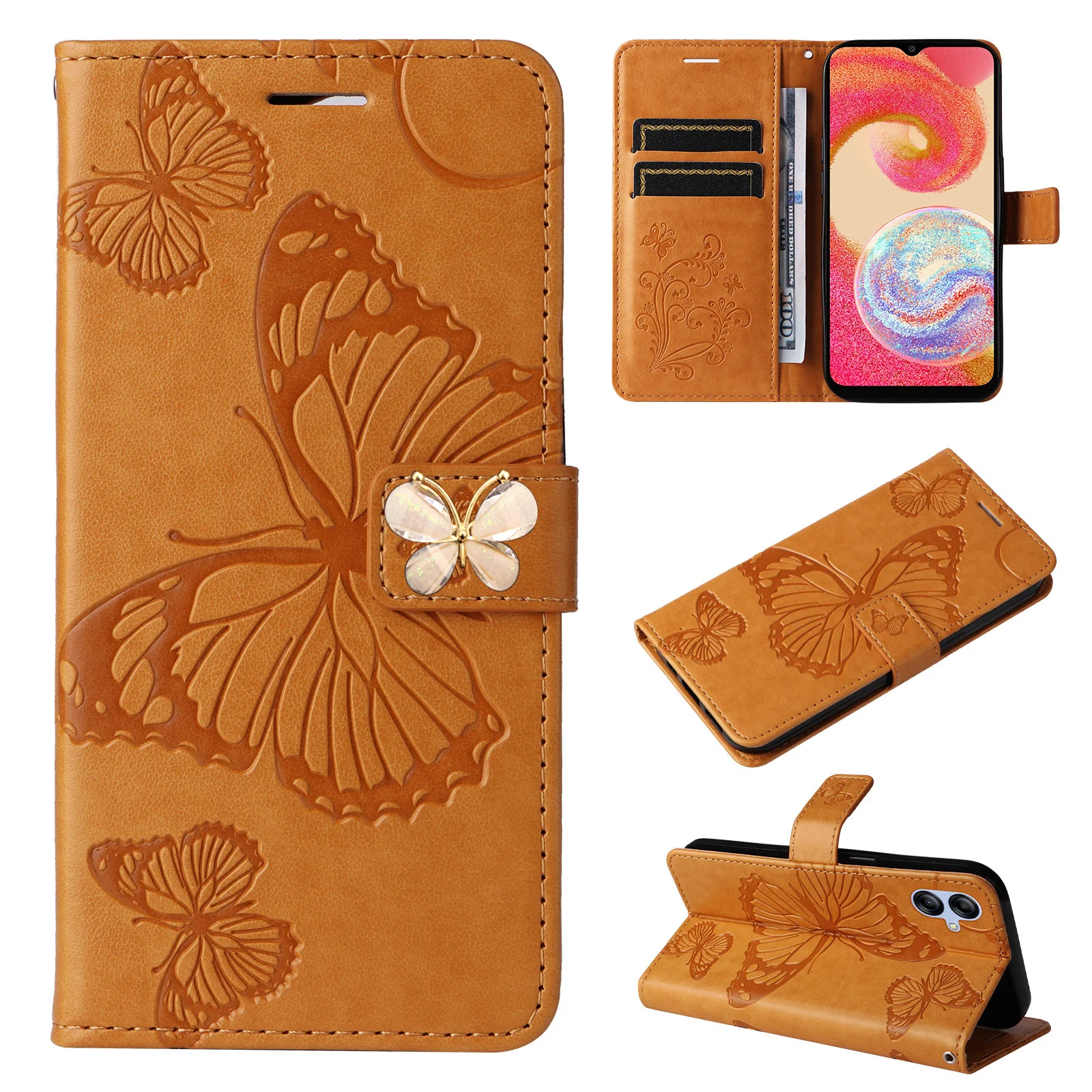 

Flip Case For OPPO A98 A96 A94 A93 A92 A80 A79 A78 A77 A76 A74 A73 Butterfly Leather 2 Cards Slot Wrist Rope Wallet Book Cover