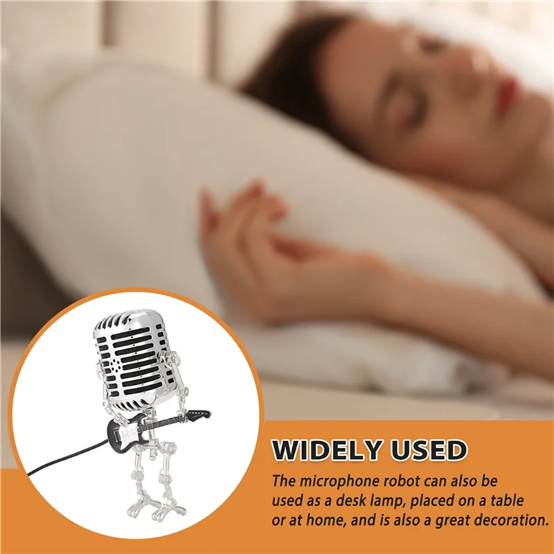 AA84 2Pc Mic Rockbot,Metal Microphone Robot Table Lamp Holding Guitare Vintage Night Light,Vintage Microphone Robot Desk Lamp