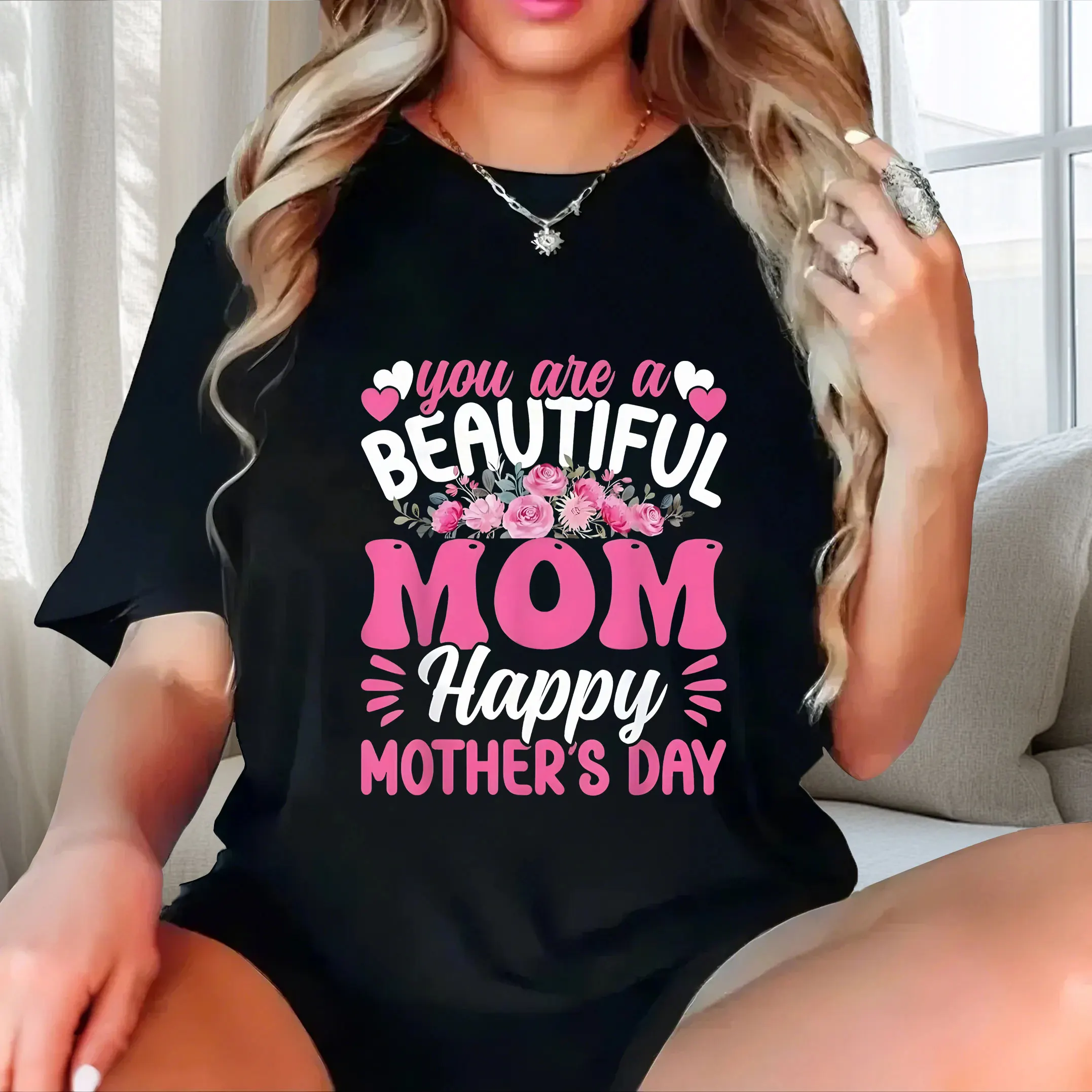 

Pink English print, personalized and fashionable plus size Ladies' casual short sleeved T-shirt black