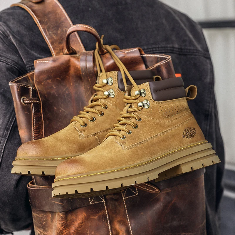 

2025 New Men's Big Yellow Boots Durable Anti - Skid Sole High - Top Chunky Sole Winter Fleece Lined British Work Boots Motorcycl