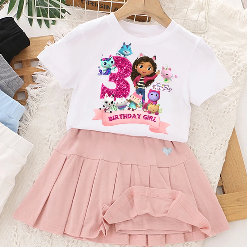 

Gabby Dollhouses Children's Tops and Bottoms Clothes Set Cartoon Short Sleeve Pleated Skirt Girl Birthday Party Outfits Clothing