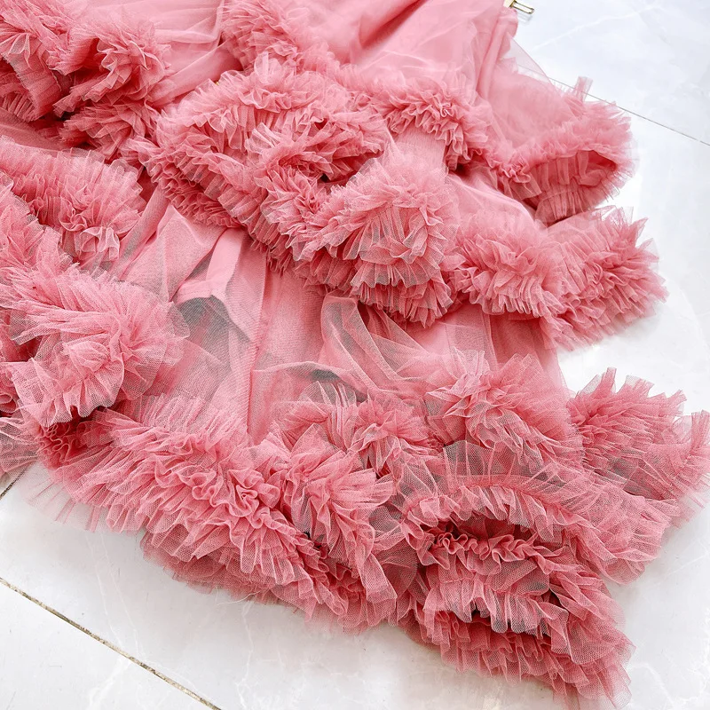 Falda de medio cuerpo acampanada Irregular con volantes de malla amarilla de cintura alta elástica nueva tendencia de moda para mujer primavera otoño 2025