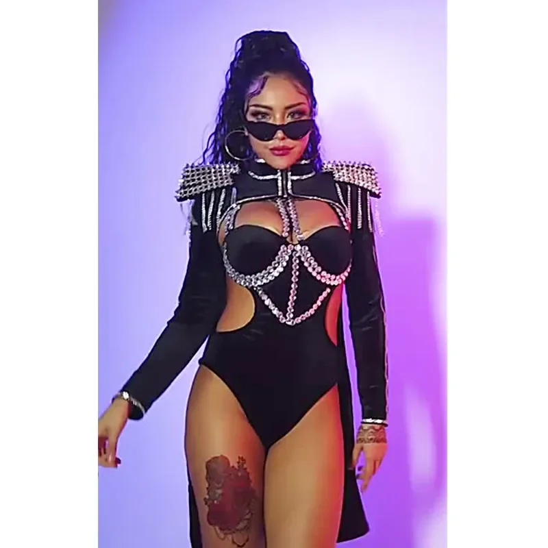 

Singer Dancer Stage Performance Costume Black Red White Rivet Chain Epaulet Bodysuit Set Nightclub Bar Jazz Dance Female Outfit