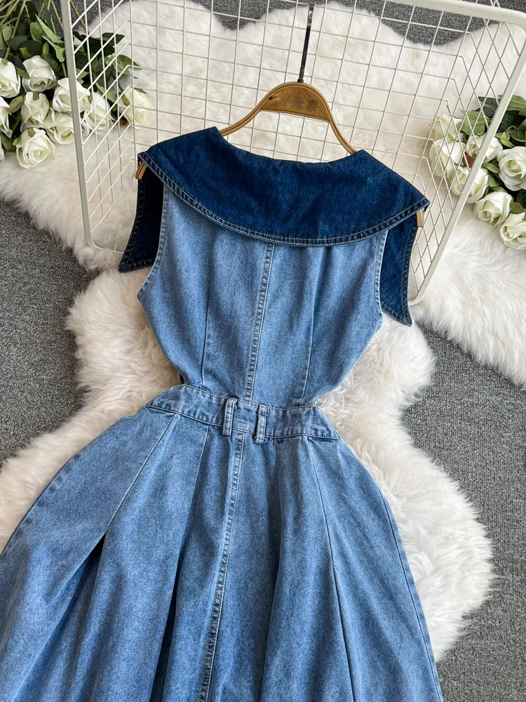 Dżinsowa długa sukienka z wycięciem w talii sukienki bez rękawów dla kobiet lato wyszczuplający temperament dekolt w serek rozcięcie Denim Vestidos