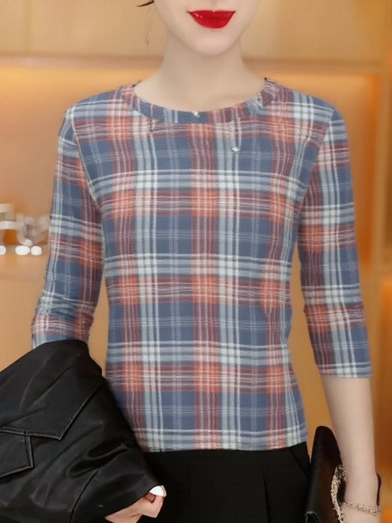

Ретро-рубашка в клетку с длинным рукавом и круглым вырезом, женская универсальная базовая блузка в стиле Mommy, элегантная укороченная рубашка из дышащего полиэстера
