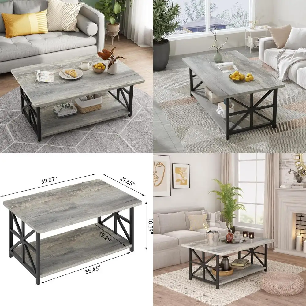 

Round Cornered 2-Tier Rectangular Coffee Table with Storage Shelf for Living Room