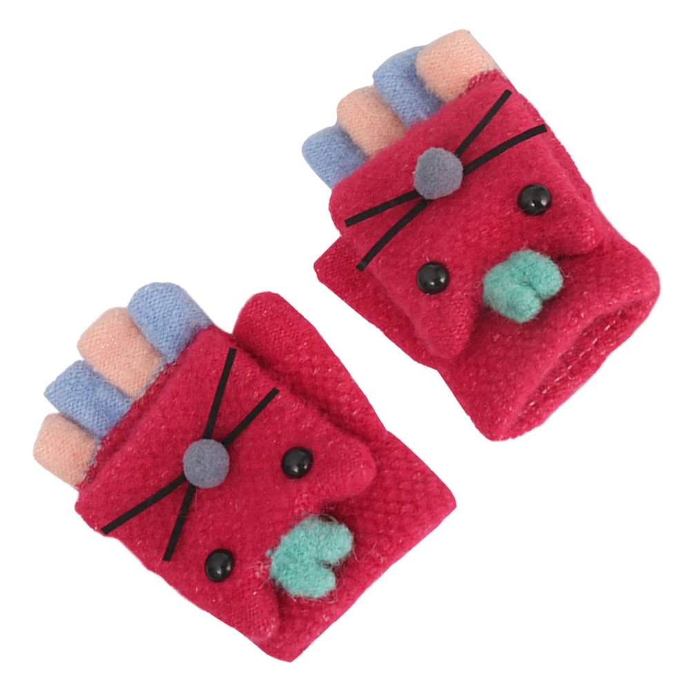 

1 Pair Kids Cat Pattern Half Finger Gloves Lined Warm Knitted Mitts Flip Cover Christmas Gift For Children Winter Outdoor