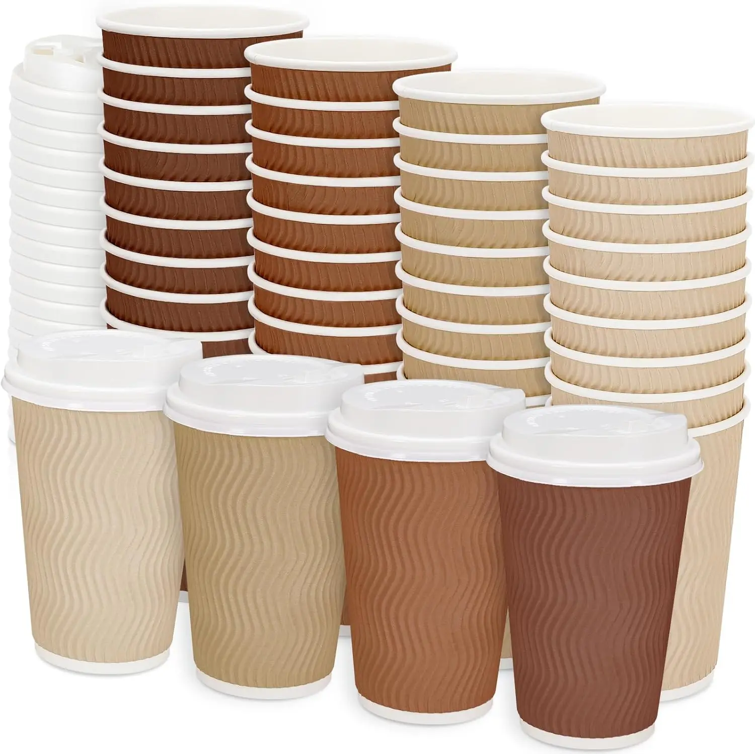 

100Pcs Brown Disposable Coffee Cups with Lids 4 Gradient Brown Paper Cups Corrugated Ripple Wall Insulated Hot Cups for