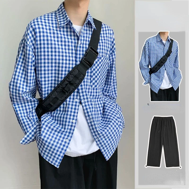 

Men's Casual Two Piece Sets 2023 Summer Men Fashion Classic Shirt Plaid Homewear Drawstring Pants Set Men Clothing Suit V61