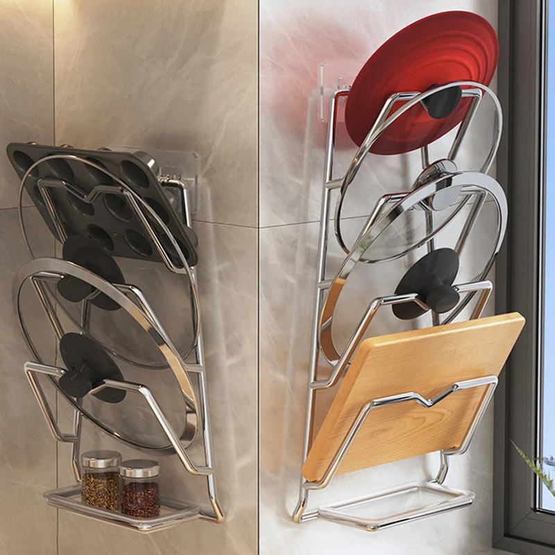 Kitchen Organizer Rack Wall Hanging Pot Cover Racks 2/3Layers Pot Lid Metal Rust-Free Multifunctional Rack Pot Lid StorageRack
