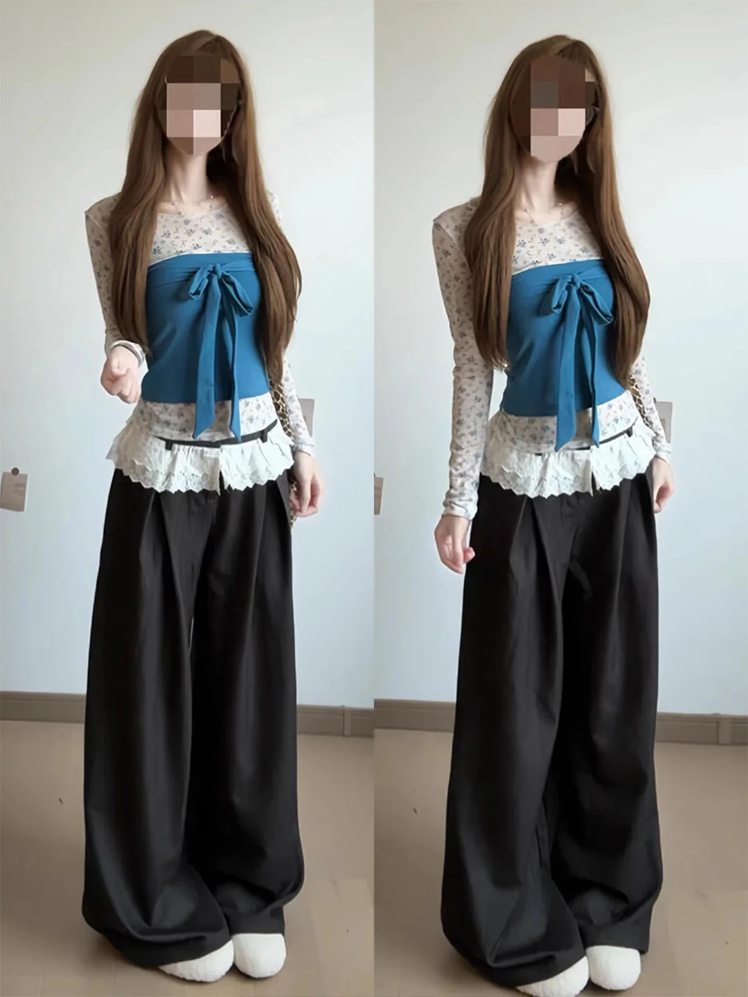 Korean Style Sweet Strapless Vest Long Sleeve T-Shirt Two-Piece Set Women's Beautiful Slimming Top Floral Print Spring Essential