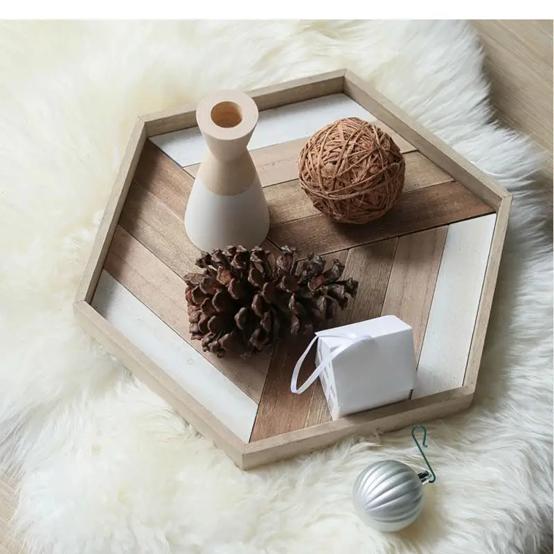 Hexagon Wooden Storage Tray Bathroom Kit Home Decorative Art Snack Living Room Accessories