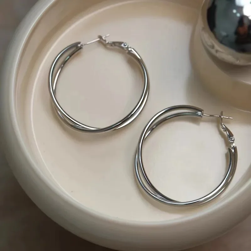 New Double Circles Cross Big Hoop Earring for Women Exaggerated Personality Smooth Temperament Simple Round Ear Jewelry Brincos