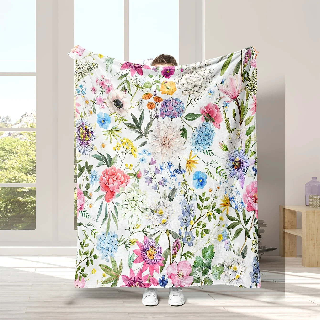 1pc digital printed Spring Plant Colorful floral flannel blanket, perfect for sofa,, living room decoration, office, bedroom, ou