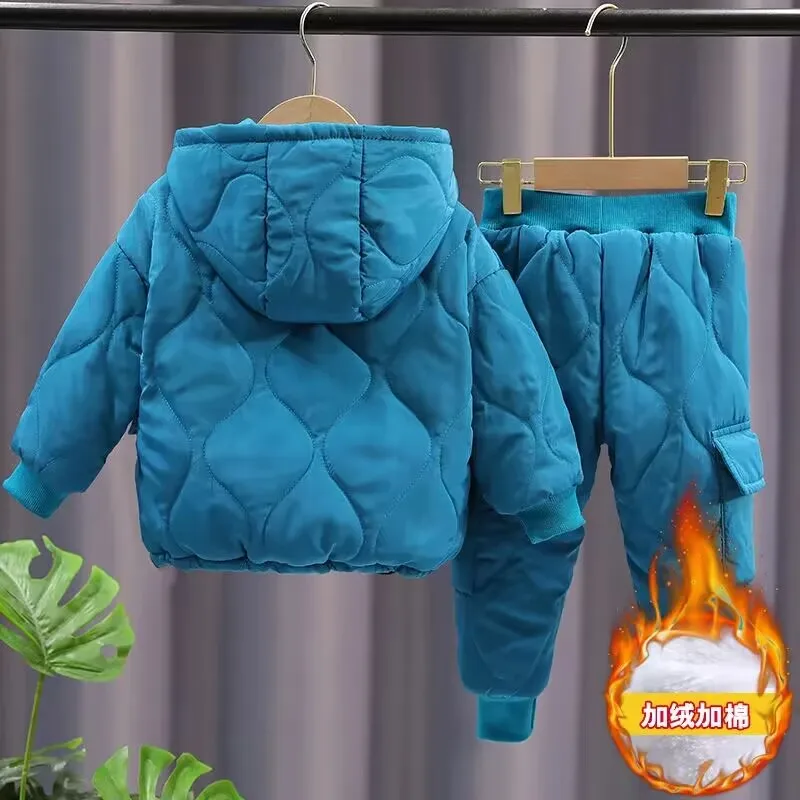 Boys and Girls Clothing Suit Winter Children\'s Velvet and Thickened Warm Set Baby Hooded Jacket Pants 2-piece Set