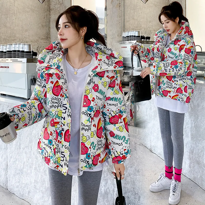 Giacca corta da pane, piumino di cotone, giacca di cotone, giacca di cotone autunnale e invernale allentata coreana stampata da donna, nuovo stile