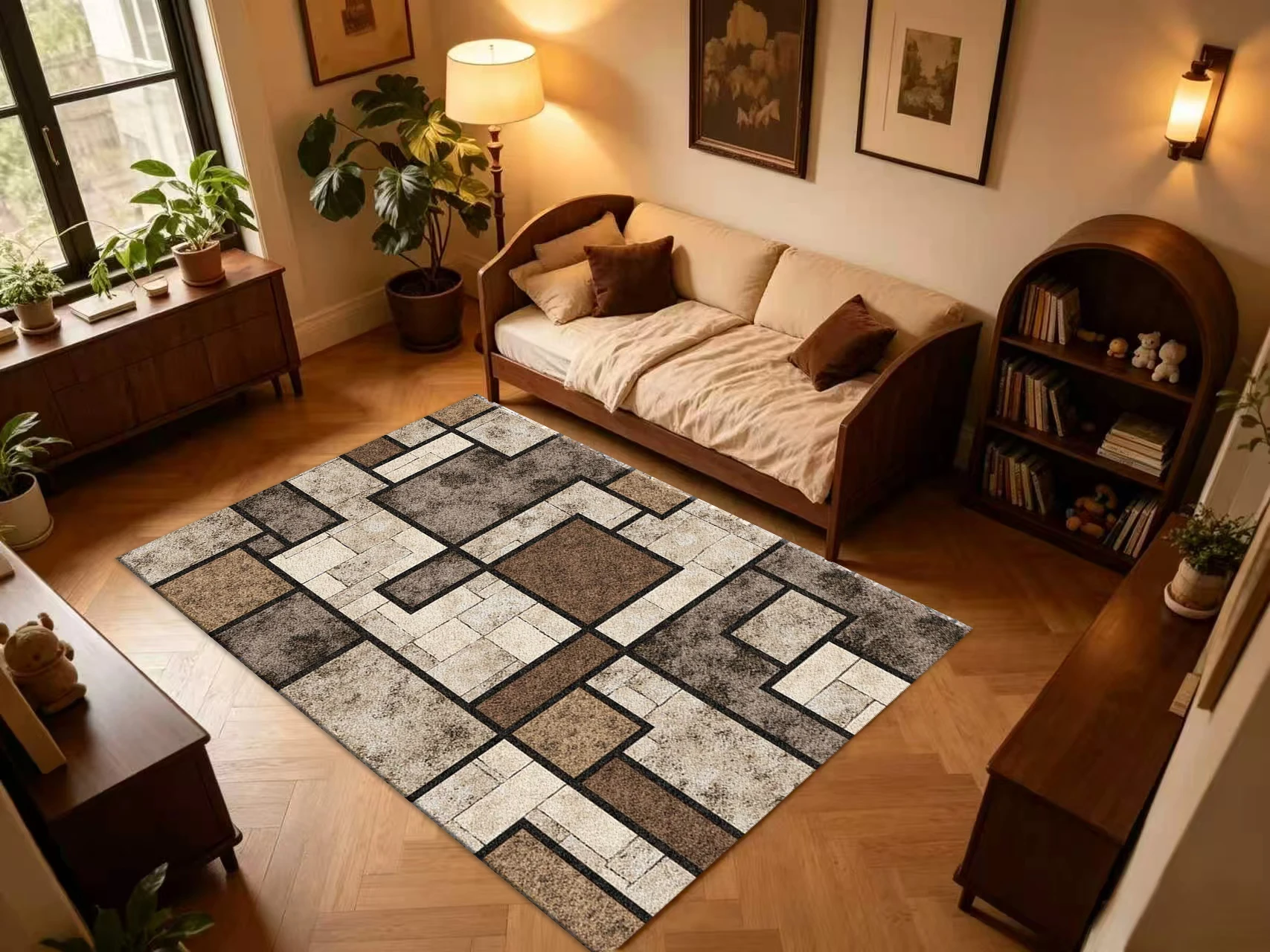Retro Stone Block Geometric Carpet Flooring Vintage Square Rectangle Mosaic Texture Floor Rug Rustic Industrial Home Decor Mat